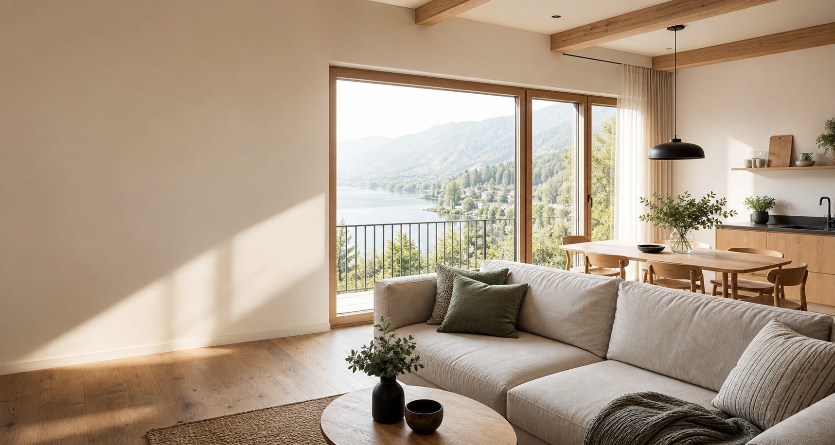 Heller Wohnbereich einer modernen Ferienwohnung mit Blick ins Grüne